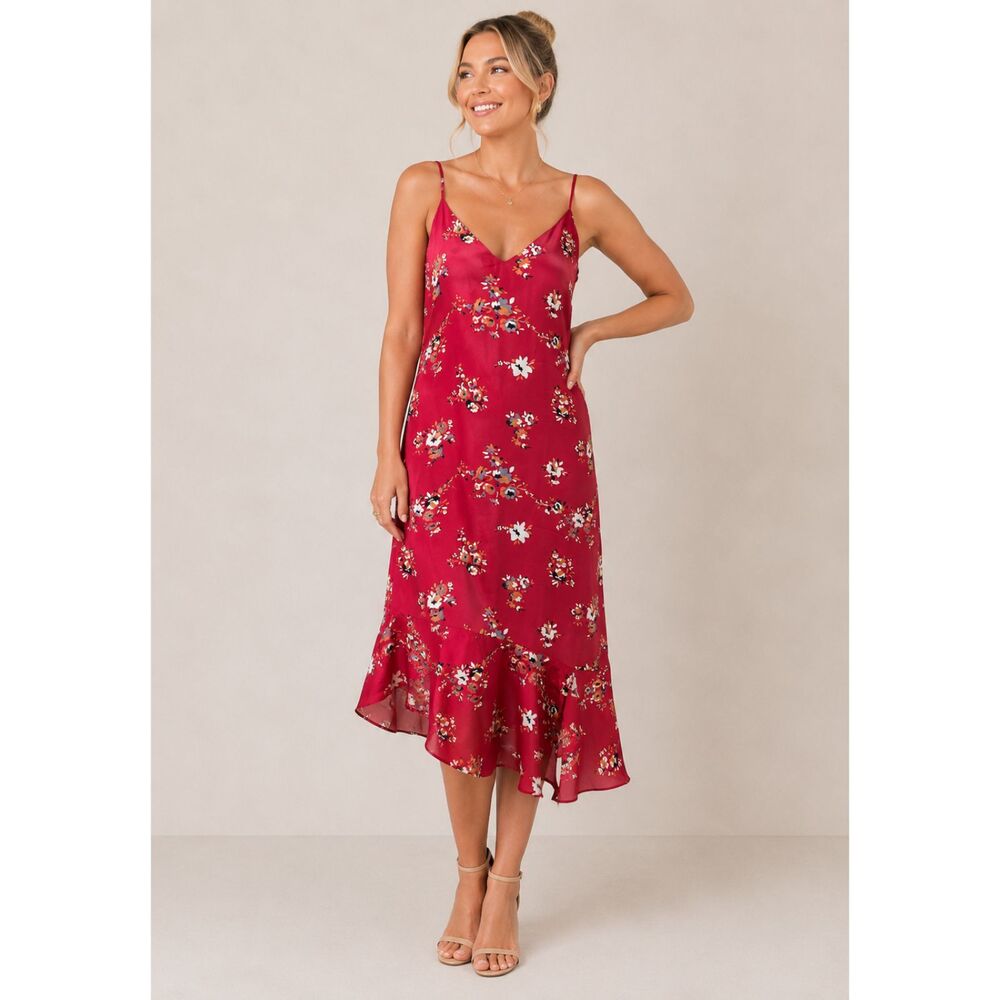 Lulus Bewitching Beauty Red Floral Print Satin Asymmetrical Slip Dress S